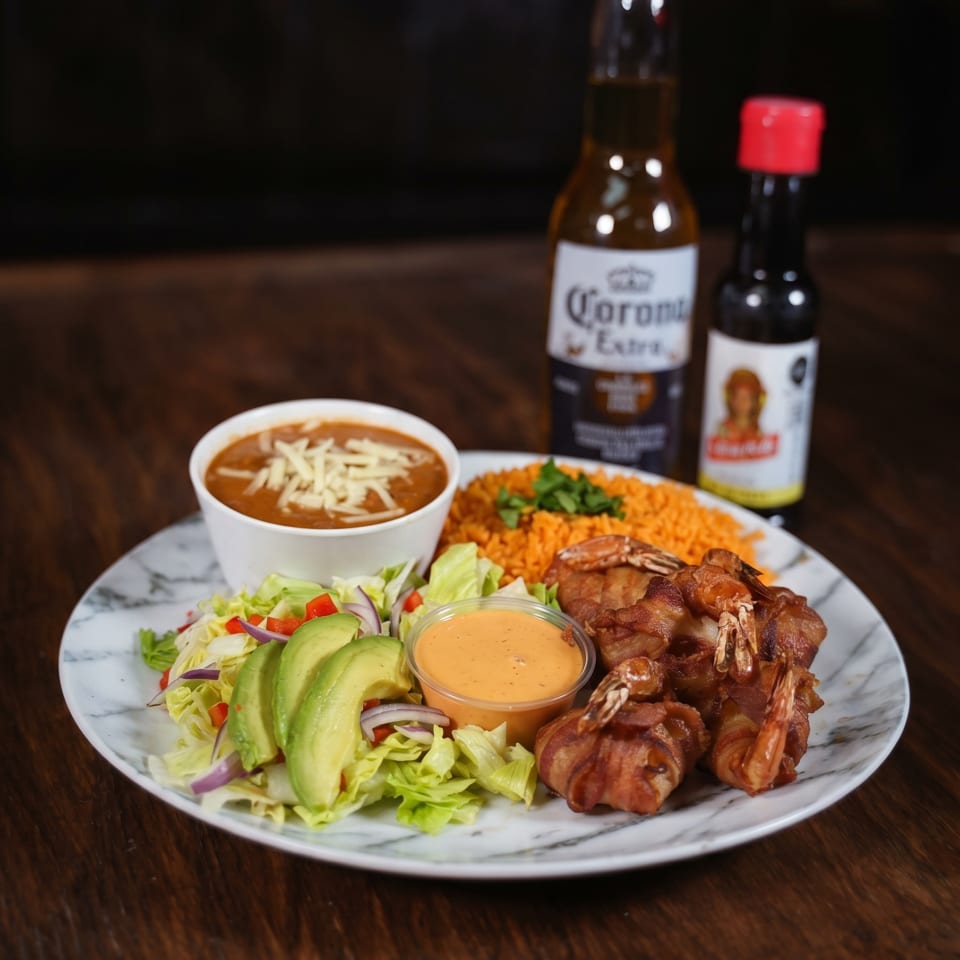 Bacon-wrapped shrimp, rice, beans, and salad with avocado, served with a Corona beer.