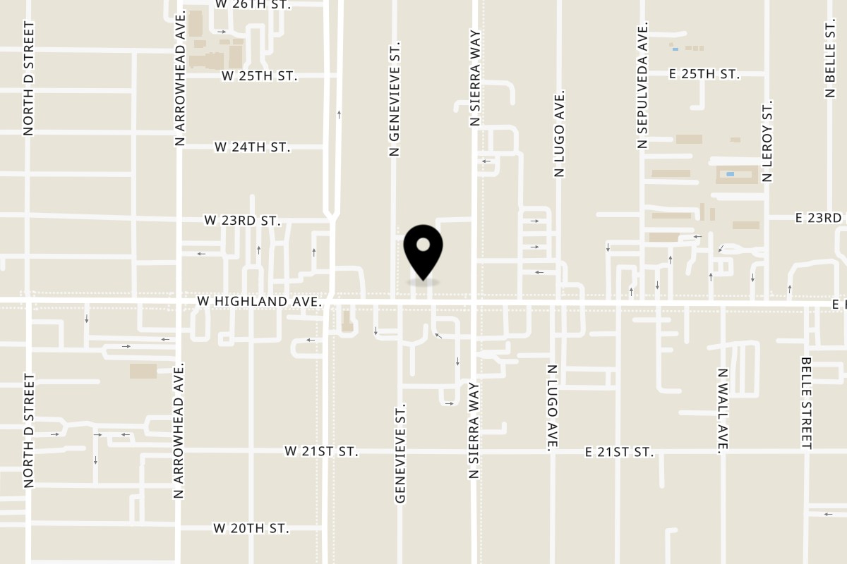 Map showing the location of Las Patronas Mexican food on 150 W Highland Ave in San Bernardino